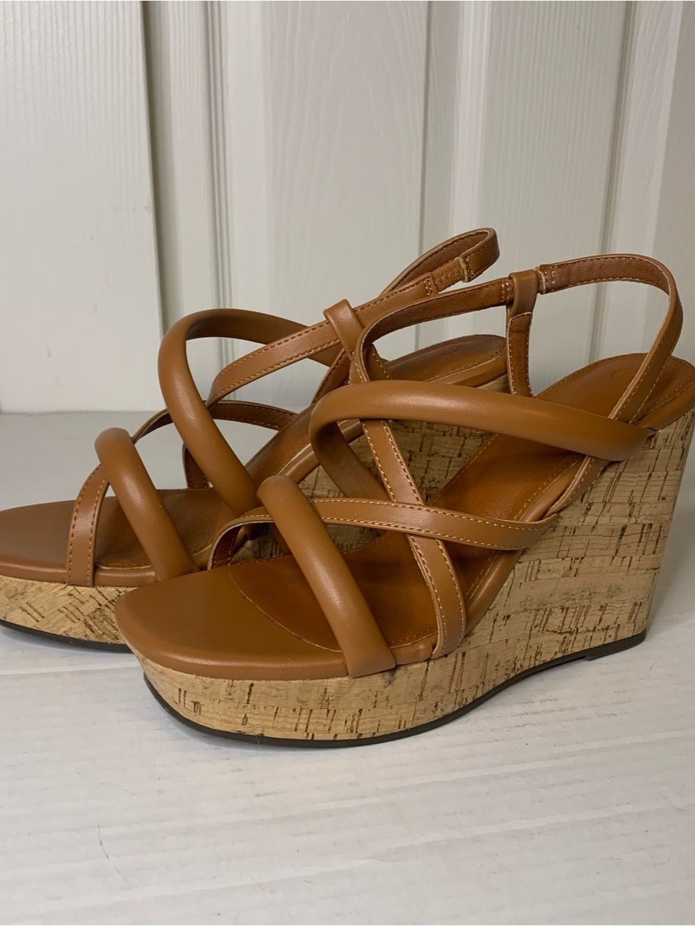 Tan Faux Leather Slingback Wedge Sandals